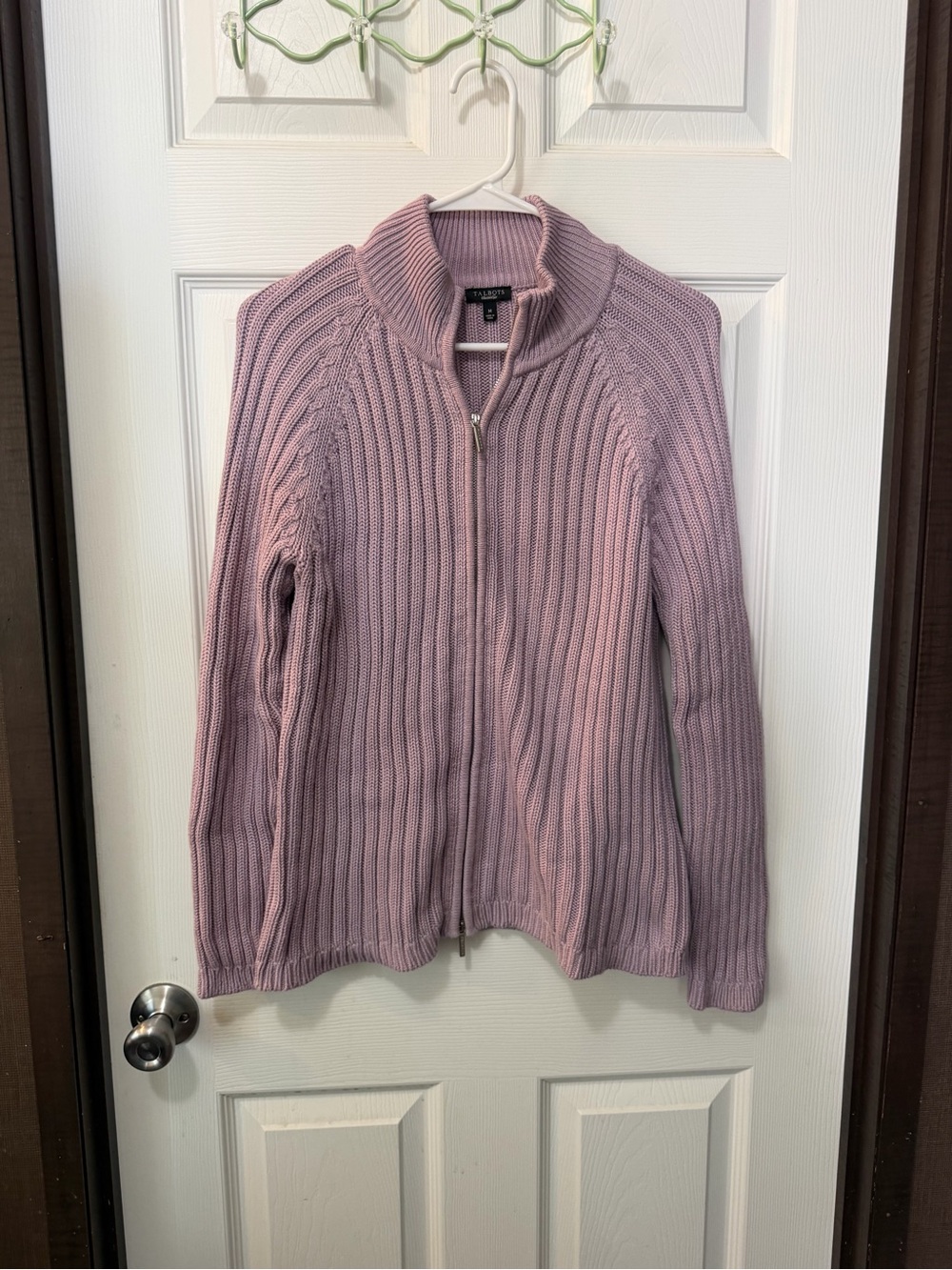Women’s Talbots Lavender Purple Ribbed Zip Front Cardigan Sweater Mock Neck Sz M - Picture 2 of 7